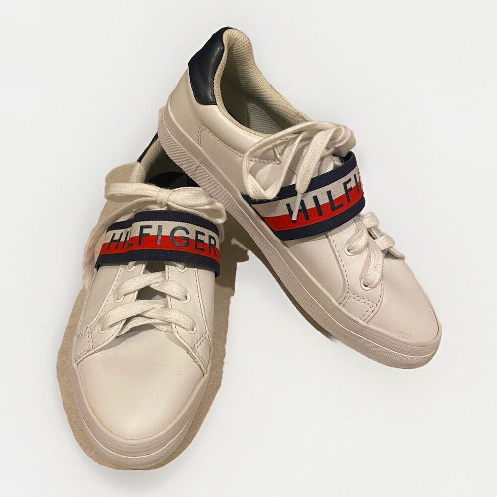 Women’s Tommy Hilfiger White Tennis Shoes Size 9 Medium Red And White Stripe